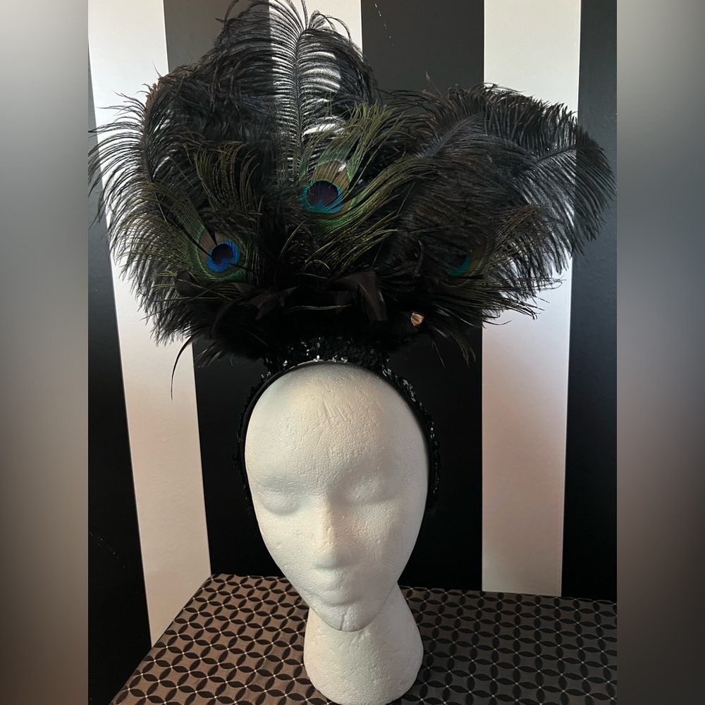 Costume Feathered Peacock Headpiece Sequin Headband + Peacock Feather Tail
